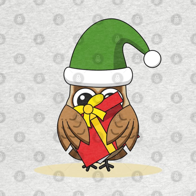 Christmas Elf Owl with Present by BirdAtWork